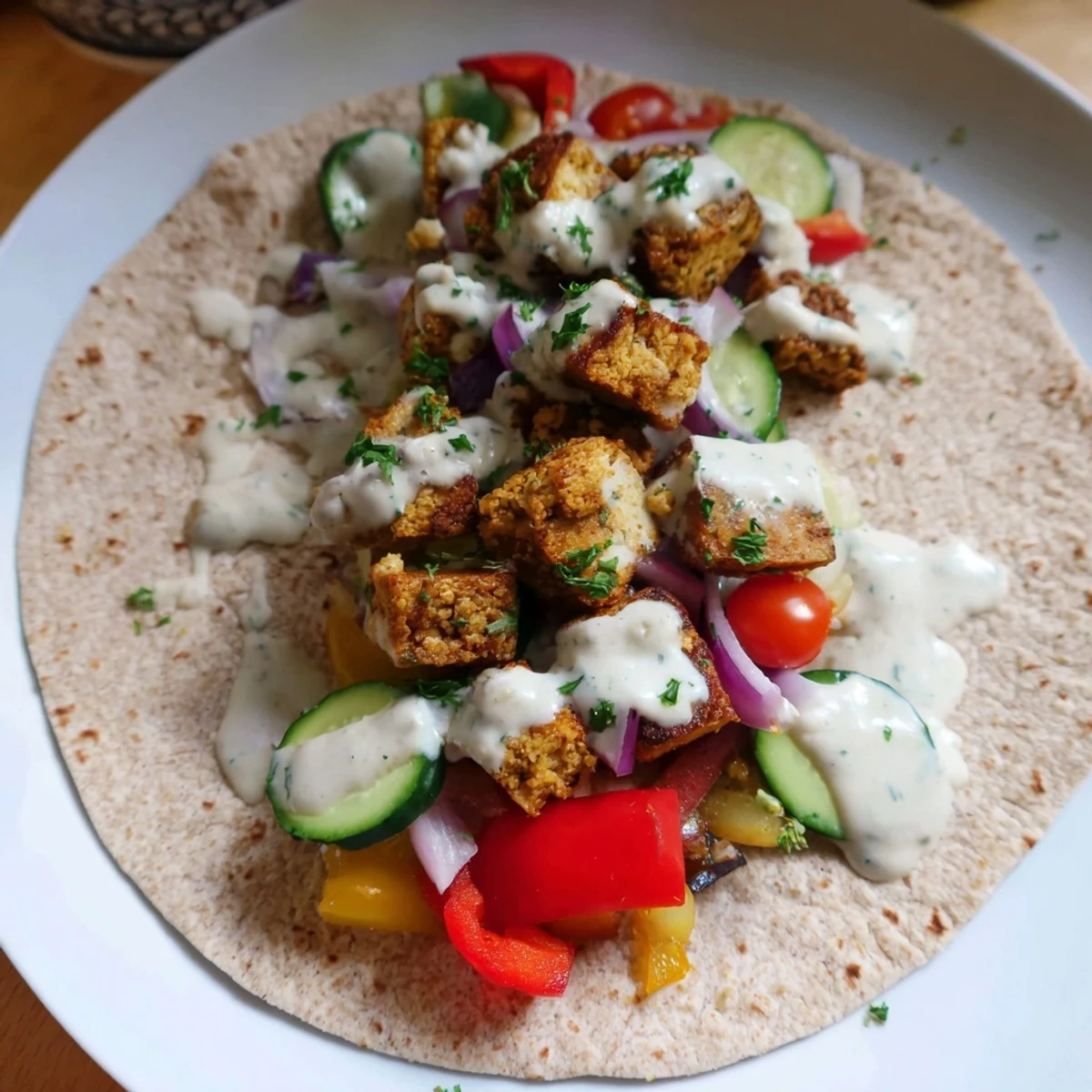 Vegan viral recipe re-make featuring roasted vegetables and tangy tahini yogurt sauce.  