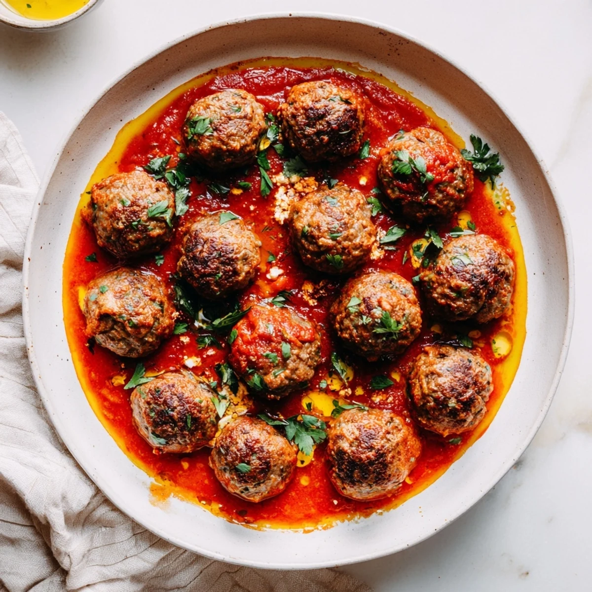 Instant Pot Greek Meatballs smothered in vibrant tomato sauce with a creamy lemon-feta topping.