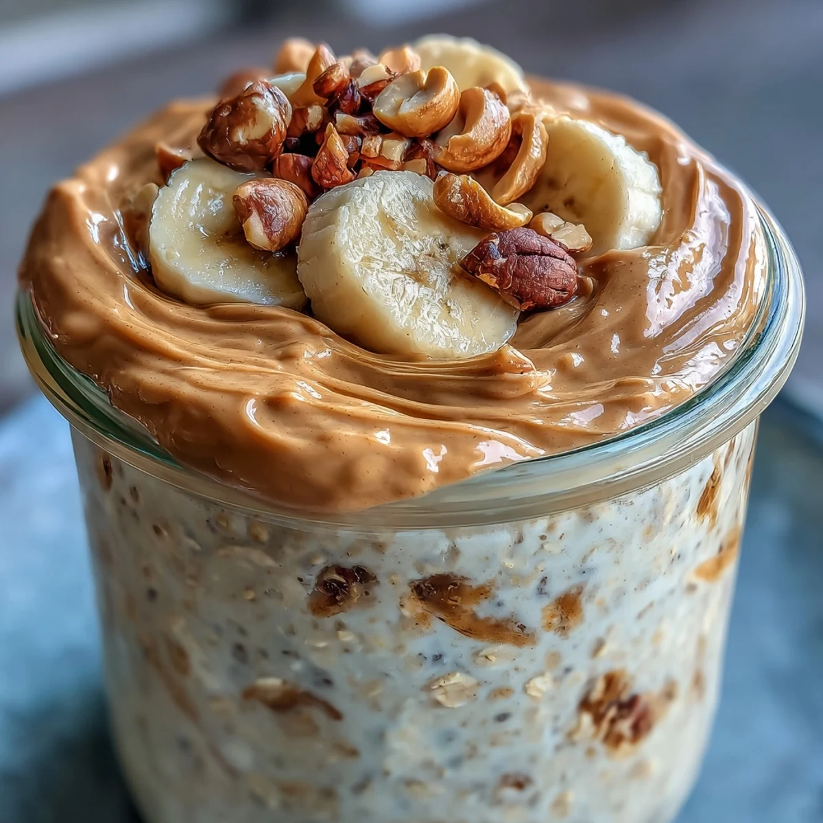 This jar of peanut butter overnight oats is topped with sliced banana and chopped nuts.