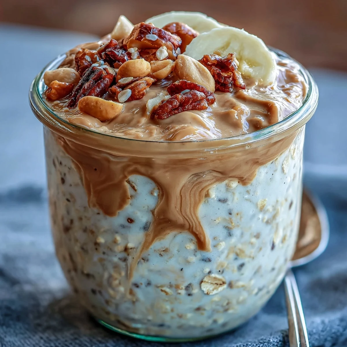 Rich peanut butter oats with Greek yogurt and protein powder make a nourishing, grab-and-go morning meal.