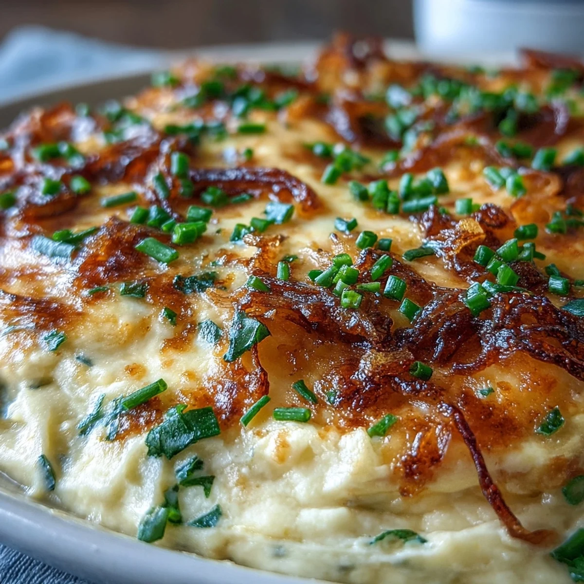 Golden, bubbling smoked Gouda and onion dip served warm from the oven with crispy tortilla chips for dipping.