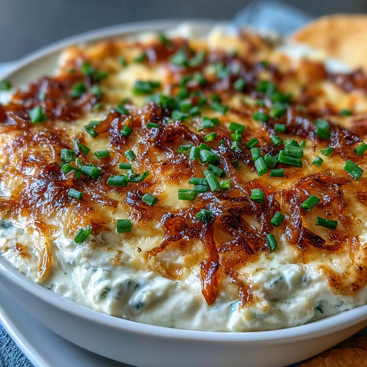 A close-up of rich, creamy smoked Gouda and onion dip with melted cheese and caramelized onion bits.