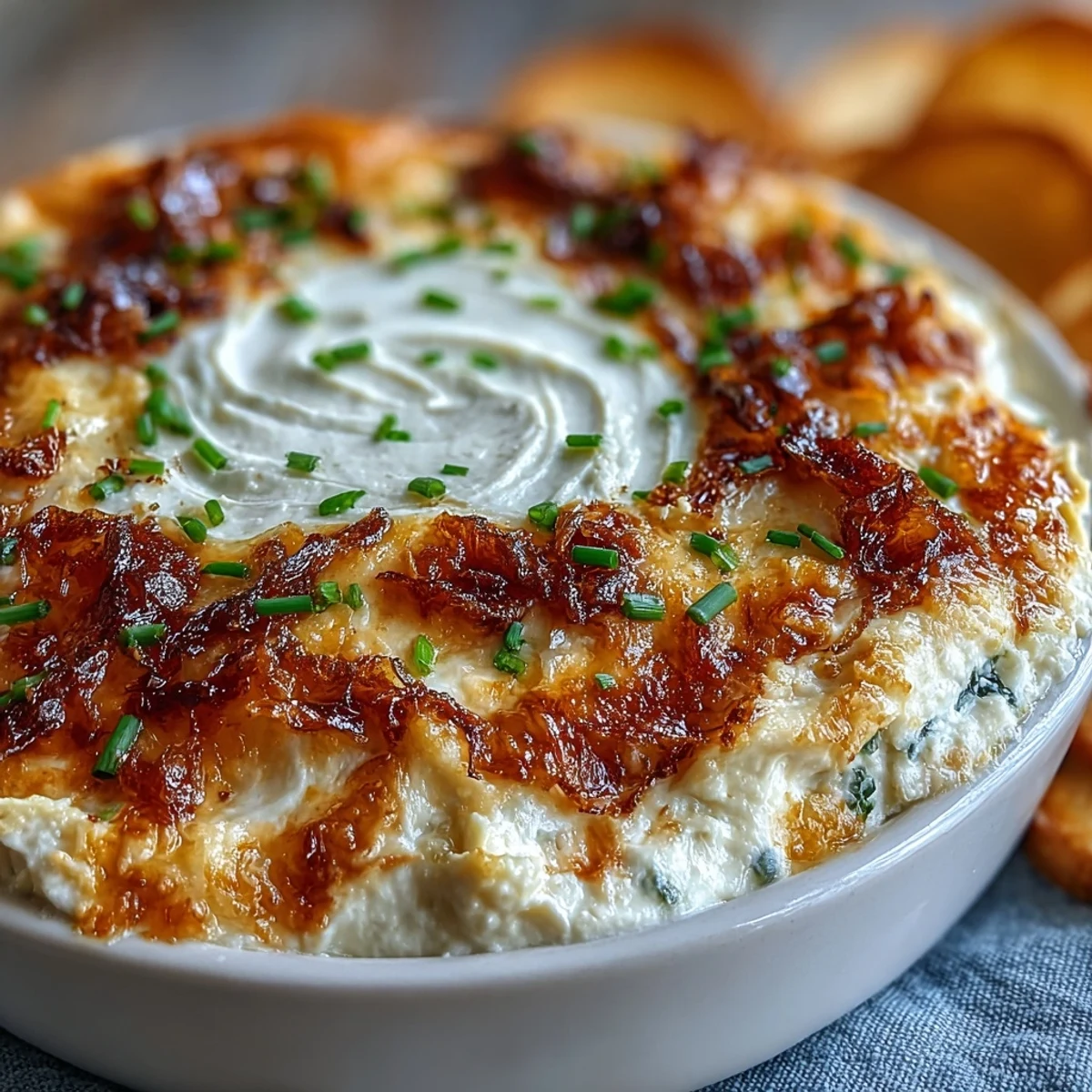 Savory smoked Gouda and onion dip garnished with fresh chives and surrounded by colorful vegetable crudités.