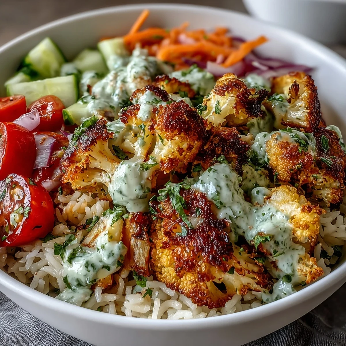 Golden herb-roasted cauliflower with fluffy rice, cherry tomatoes, cucumber, and carrots, drizzled with creamy tahini sauce.