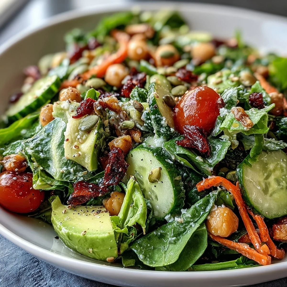 Colorful Mixed Greens Power Bowl featuring cherry tomatoes, cucumber, and bell peppers, layered over spinach and arugula with crunchy pumpkin seeds.