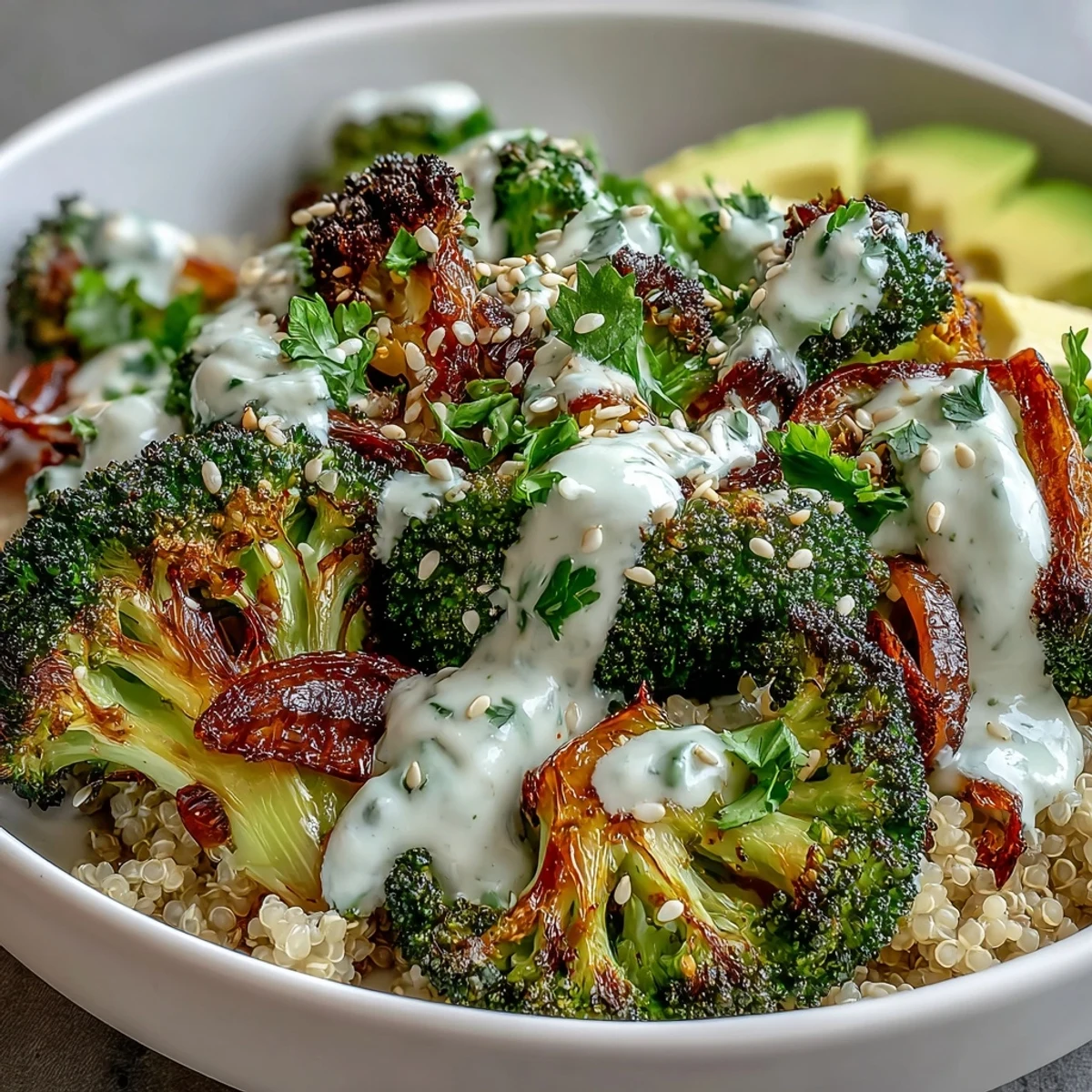 Crispy roasted broccoli florets and roasted red onion sit atop fluffy quinoa in a Roasted Broccoli Bowl. 
