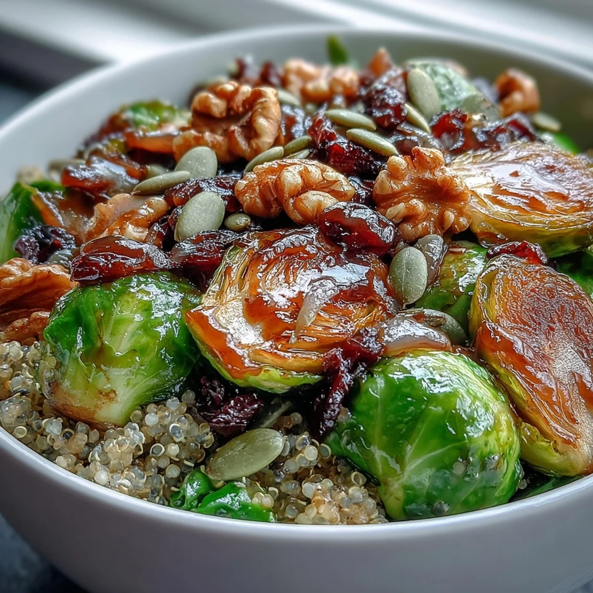A warm, wholesome Roasted Brussels Sprouts Bowl topped with toasted walnuts and dried cranberries on a rustic wooden table.
