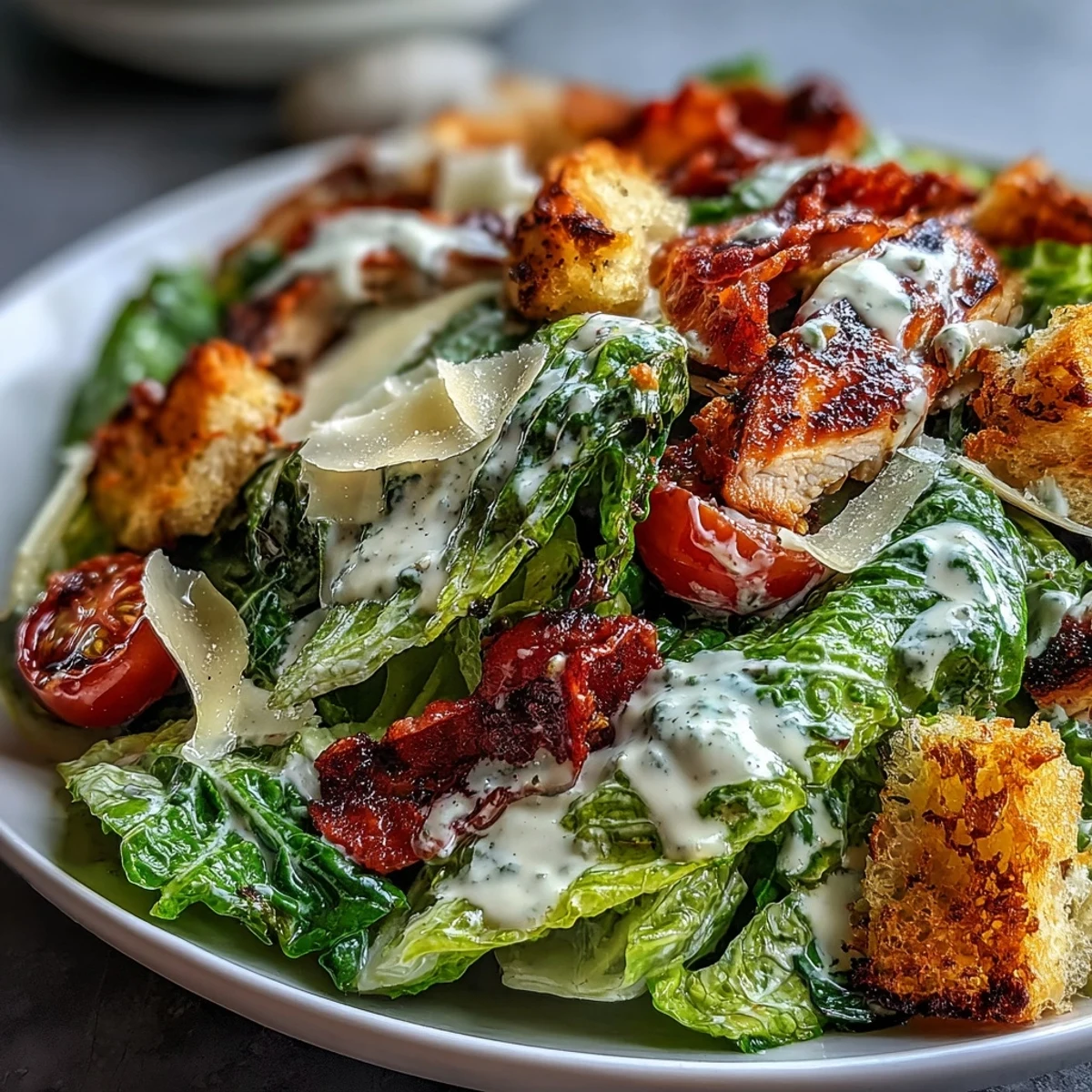 Freshly tossed Romaine Caesar Bowl with grilled chicken, crunchy croutons, and creamy dressing.