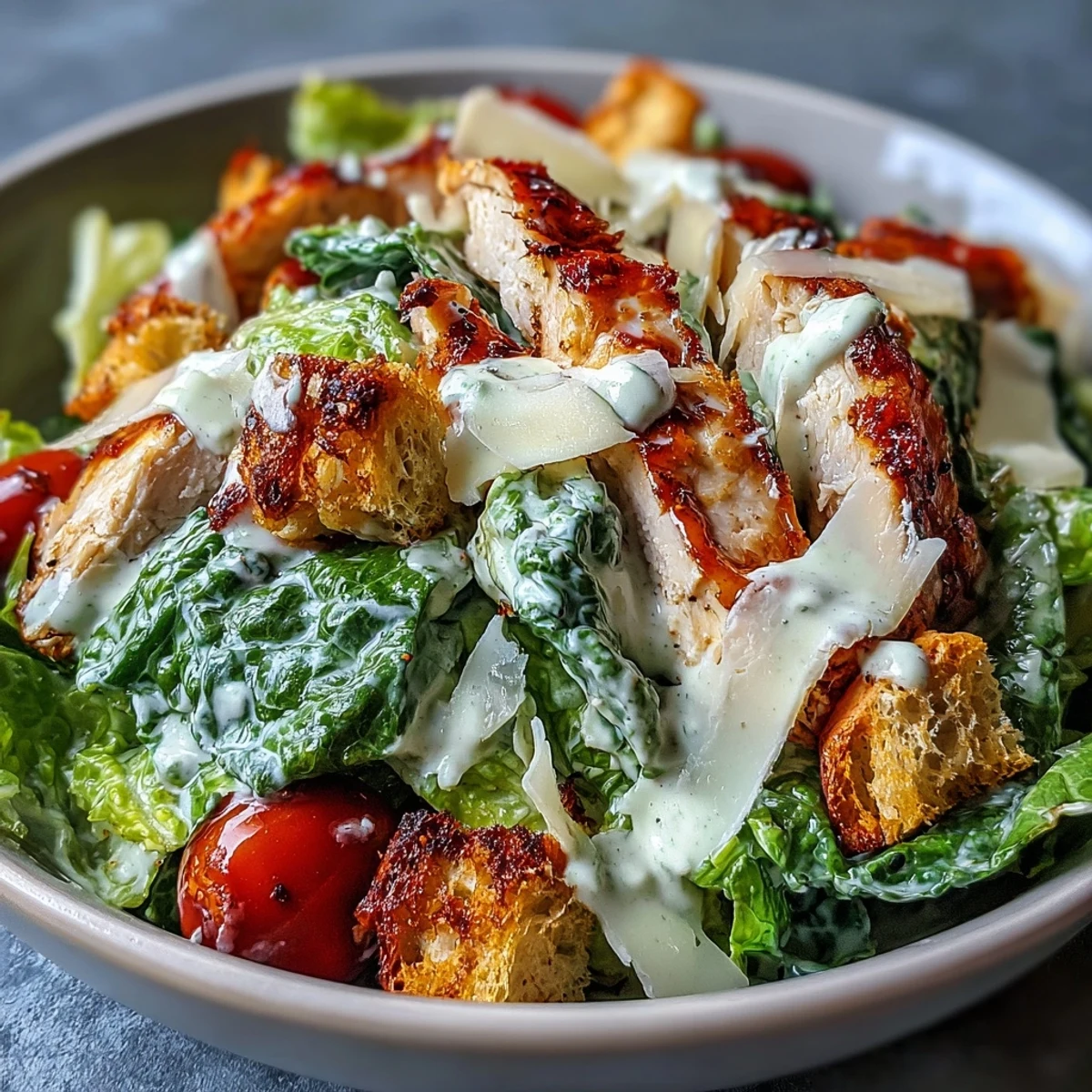 Serving suggestion for Romaine Caesar Bowl with crispy chickpeas and homemade croutons.