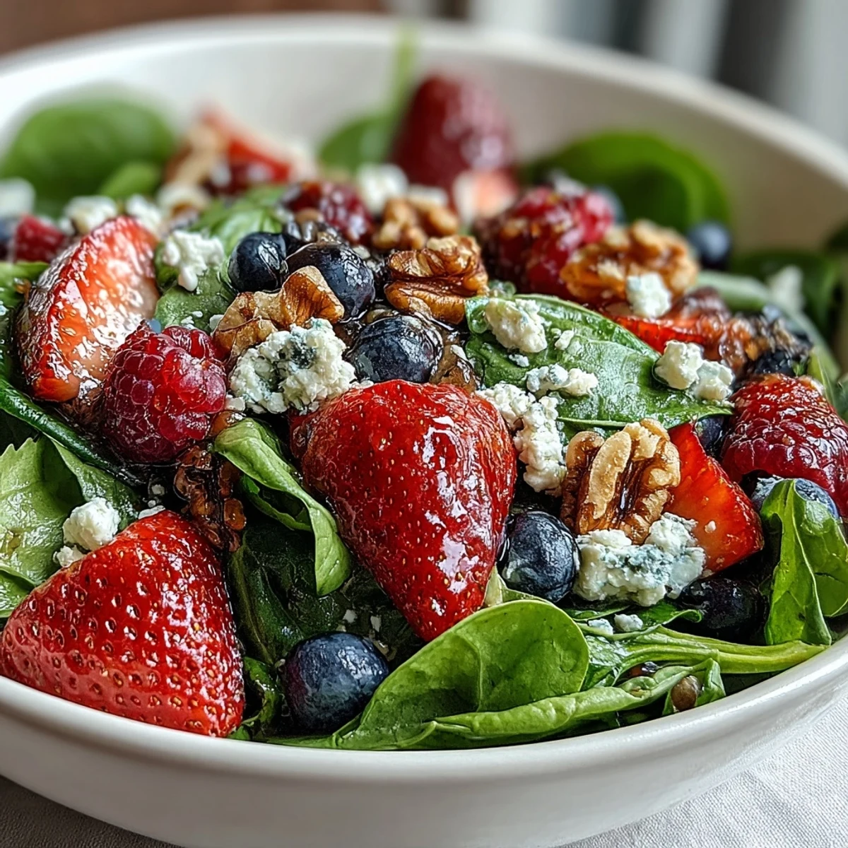 Fresh baby spinach and vibrant mixed berries are tossed in a large bowl with creamy crumbled goat cheese and crunchy toasted walnuts. A golden balsamic vinaigrette glistens on the leaves, ready to serve as a light lunch or bright side dish.