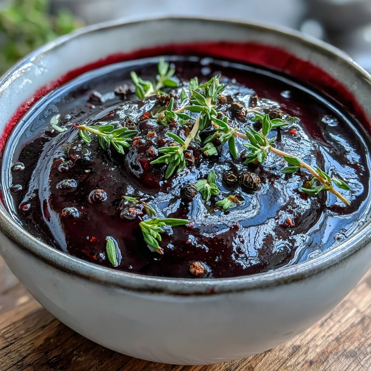 A small bowl of deep purple Black Currant Glaze beside roasted carrots on a rustic table.