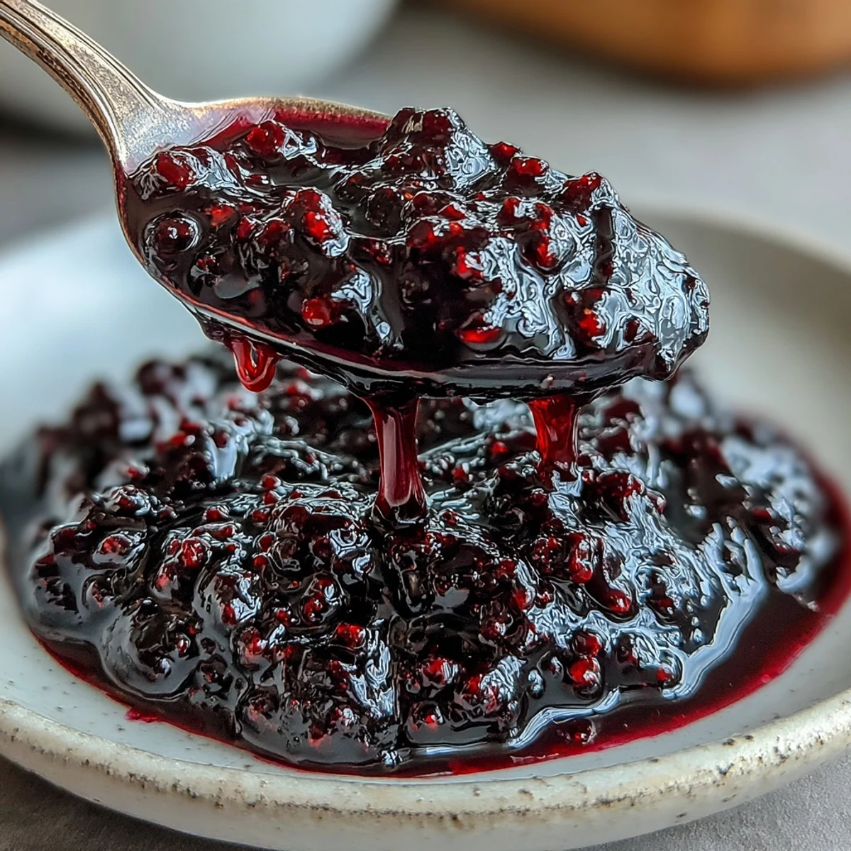 Freshly made black currant sauce simmering in a saucepan, bubbling with deep purple jam.