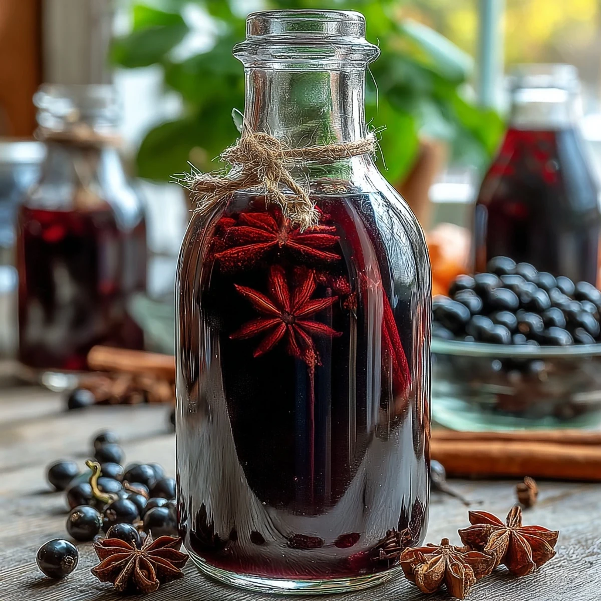 Homemade Spiced Blackcurrant Vodka Liqueur in a glass bottle, showcasing its deep purple hue and rich spices, perfect for holiday gifting.