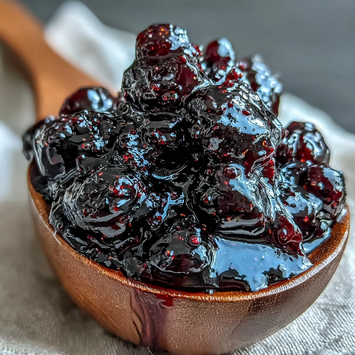 Clear, deep purple Black Currant Jelly glistening in a jar with a spoonful ready for toast.