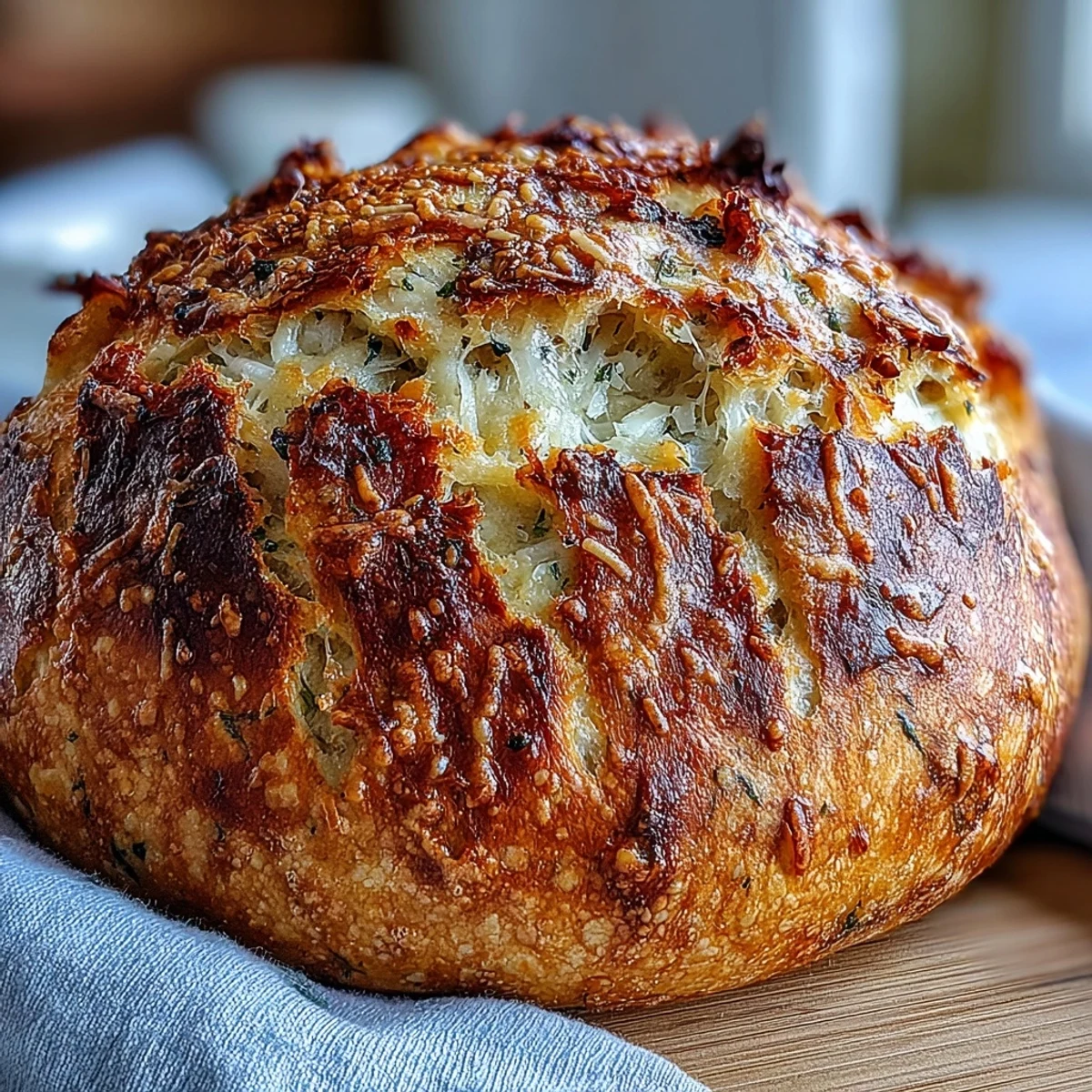 Golden-crusted Perfect Parmesan Garlic Artisan Bread with a soft, cheesy interior, fresh from the Dutch oven.