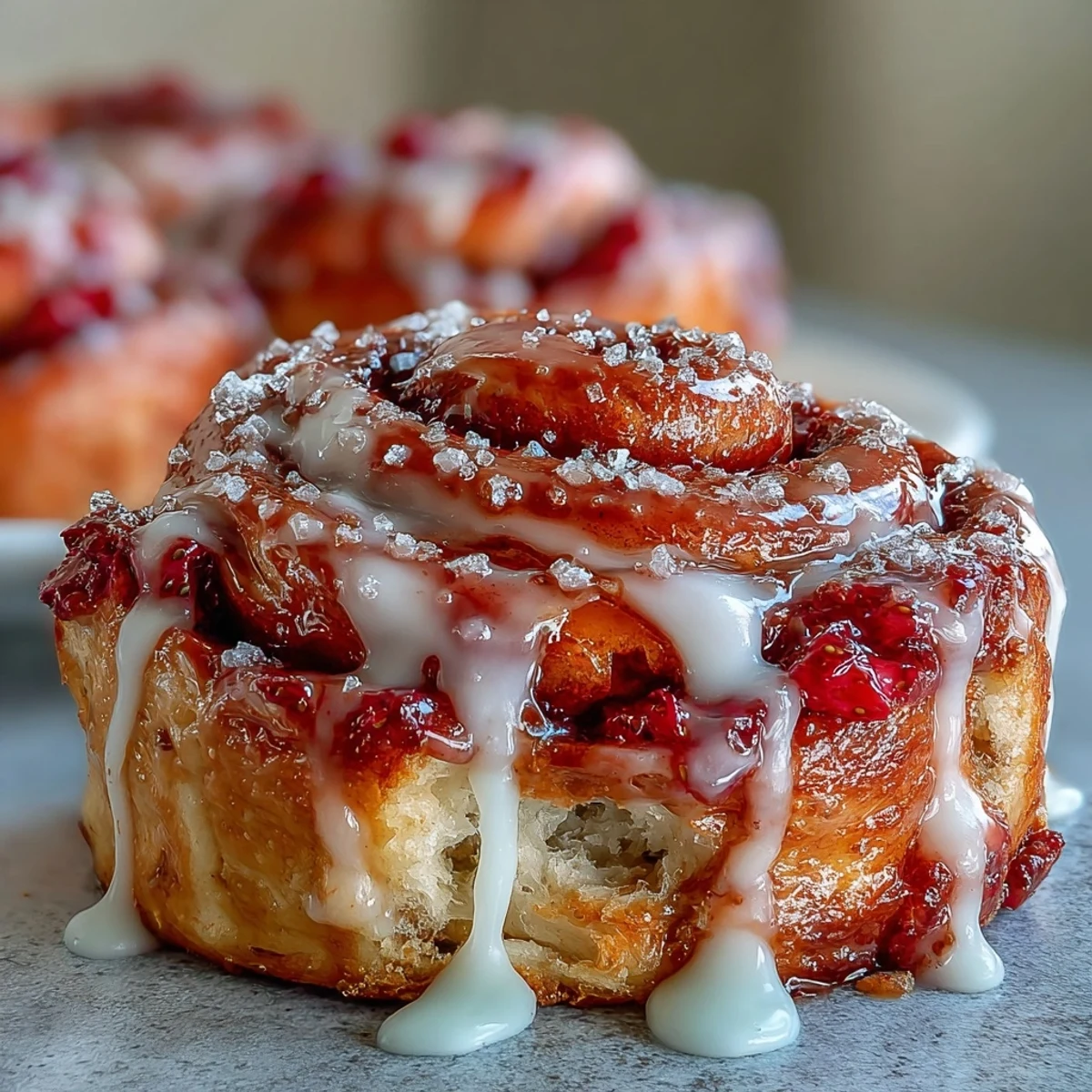 Freshly baked Strawberry Cinnamon Rolls with gooey pink filling and cream cheese glaze on a rustic plate.