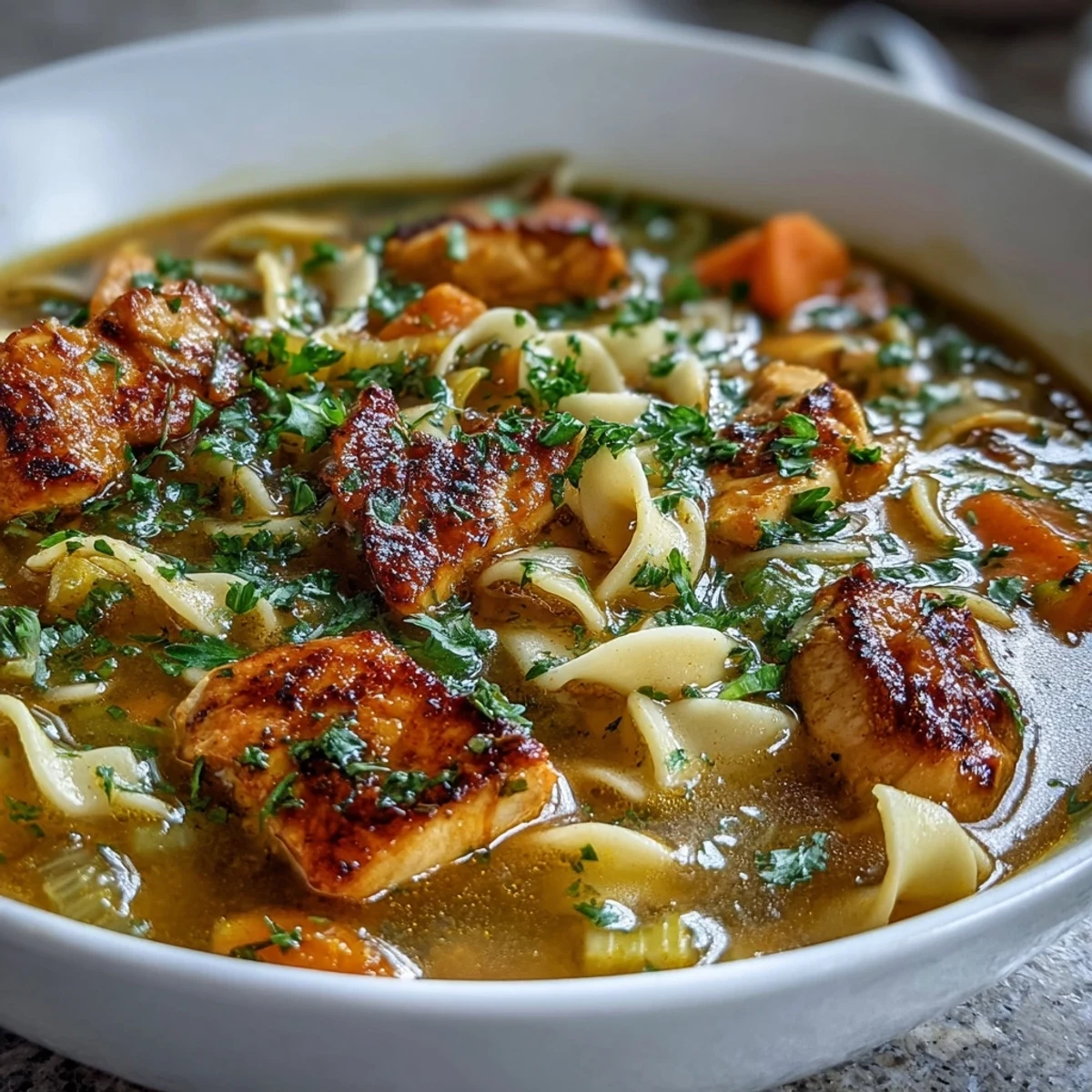Close-up of steaming Ginger Turmeric Chicken Soup served in a rustic bowl with fresh parsley garnish and egg noodles.