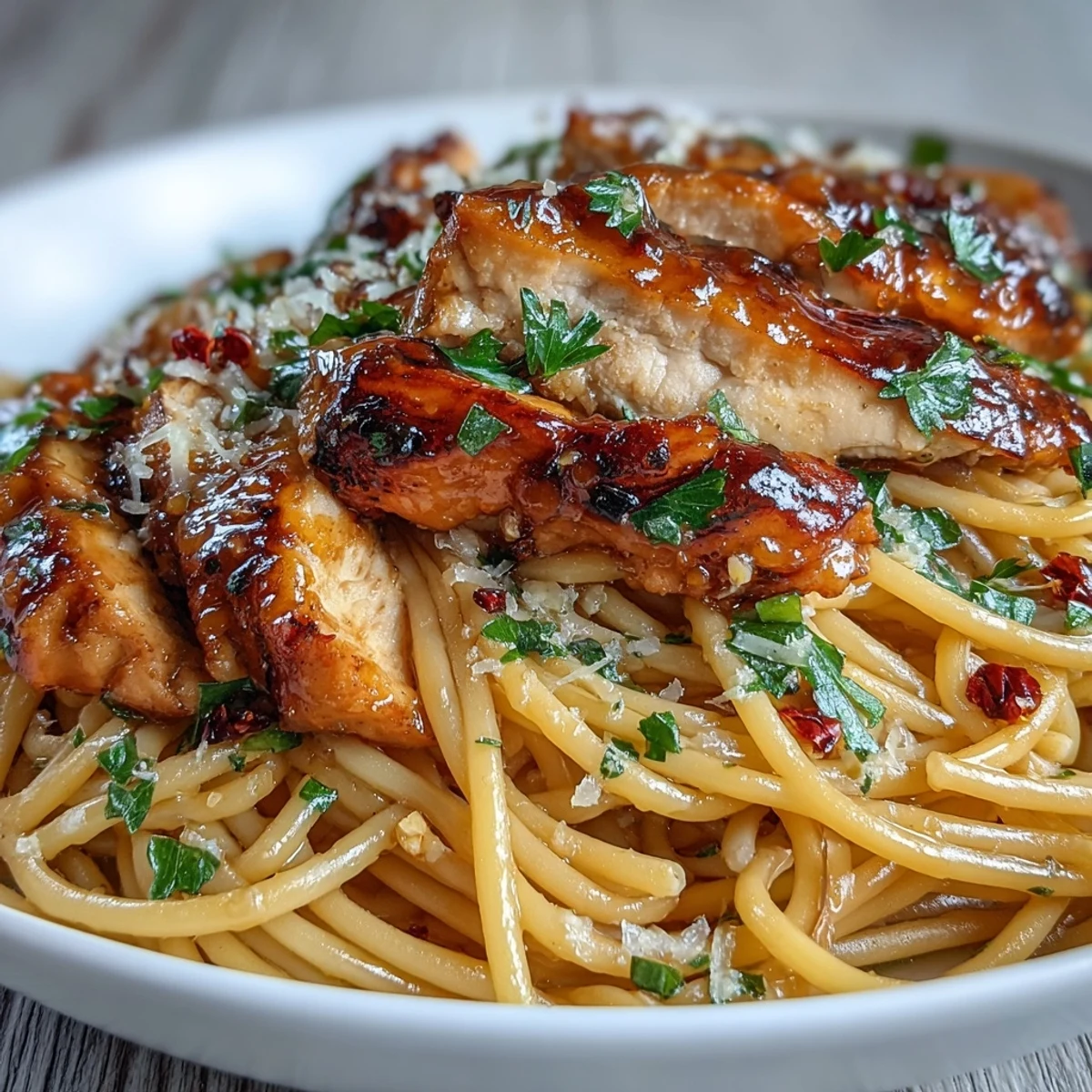 Two forks twirl Sticky Honey Garlic Chicken Pasta, highlighting tender chicken and a sweet, garlicky sauce perfect for busy weeknights.