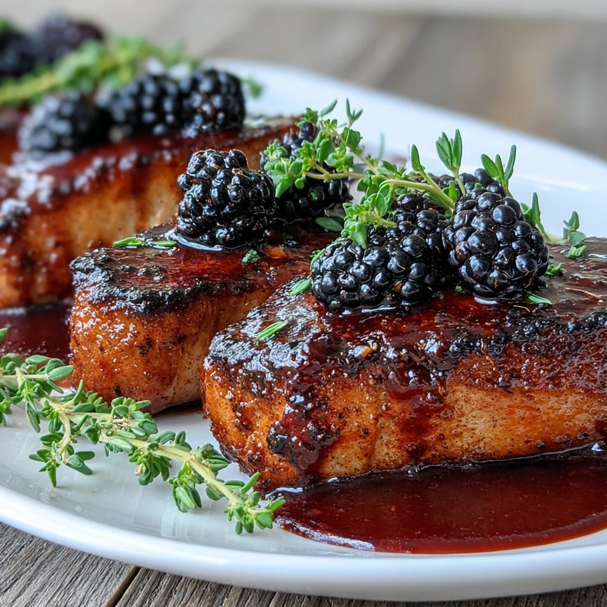 Golden brown Bourbon Blackberry Pork Chops topped with a vibrant glaze and fresh berries for garnish.