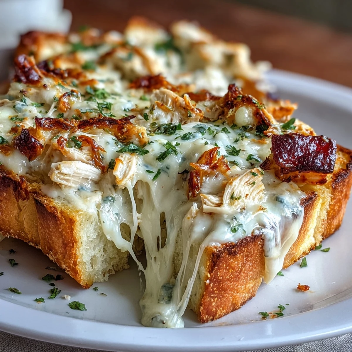 Sliced Chicken Alfredo Garlic Bread served warm with extra sauce for dipping, perfect for an appetizer platter.