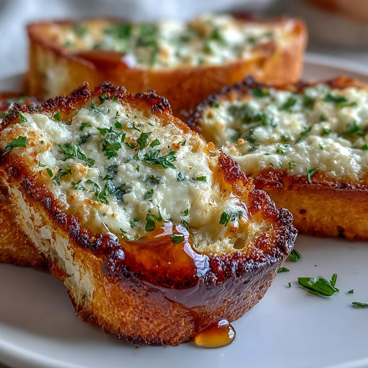 Golden-baked Hot Honey Ricotta Garlic Bread halves on a baking sheet, showing creamy ricotta spread and a jar of spicy honey ready to drizzle.