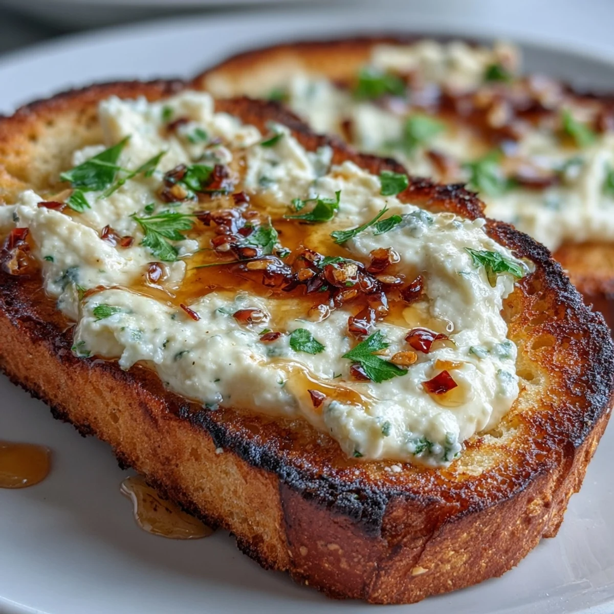 Close-up slice of Hot Honey Ricotta Garlic Bread, melted ricotta and buttery garlic topping finished with bright red pepper flakes and fresh parsley.