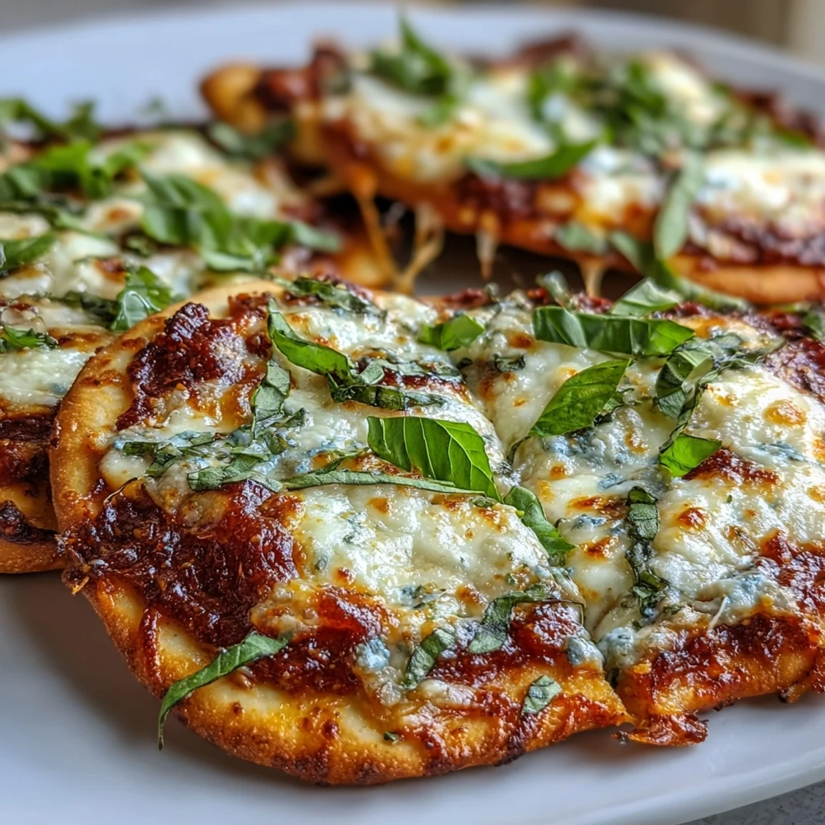 Crisp naan crust topped with vibrant marinara and melted mozzarella, perfect for a quick vegetarian dinner.