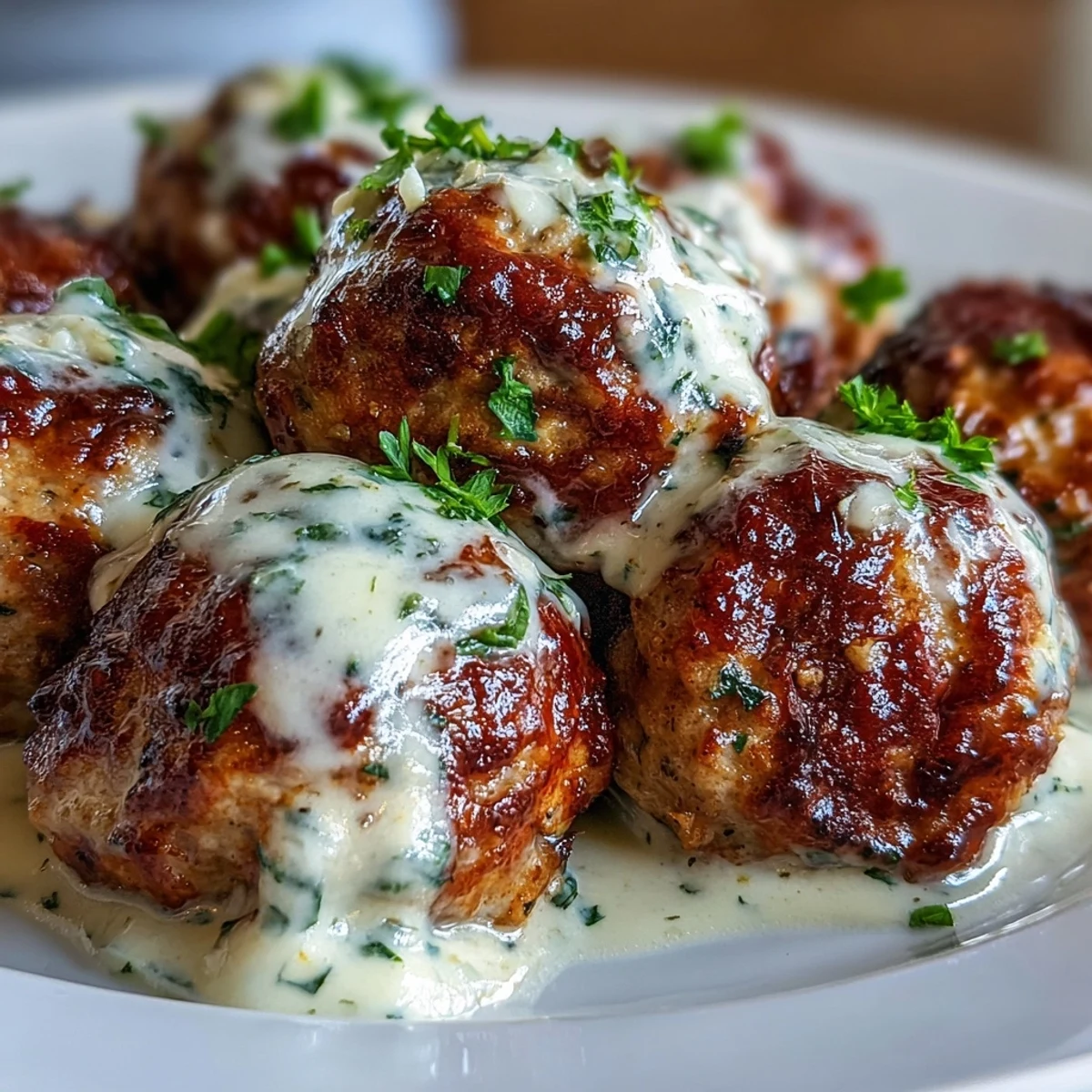 A close-up shows saucy Creamy Garlic Ranch Turkey Meatballs served over pasta in a white bowl.