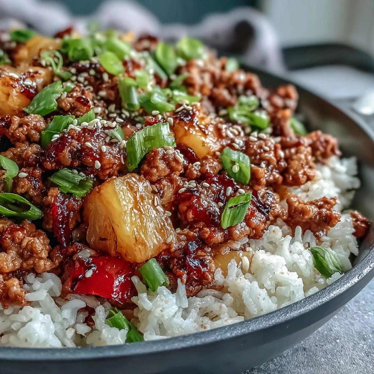 Garnished with green onions and sesame seeds, this one-pan Korean-inspired Sweet-and-Sour Turkey Rice Skillet offers a delicious sweet heat.