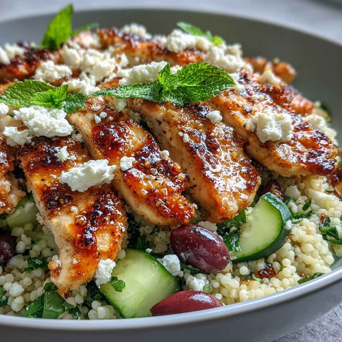 Golden grilled chicken strips are sliced over chilled herbed couscous and fresh veggies in these vibrant Mediterranean Pearl Couscous Chicken Bowls.