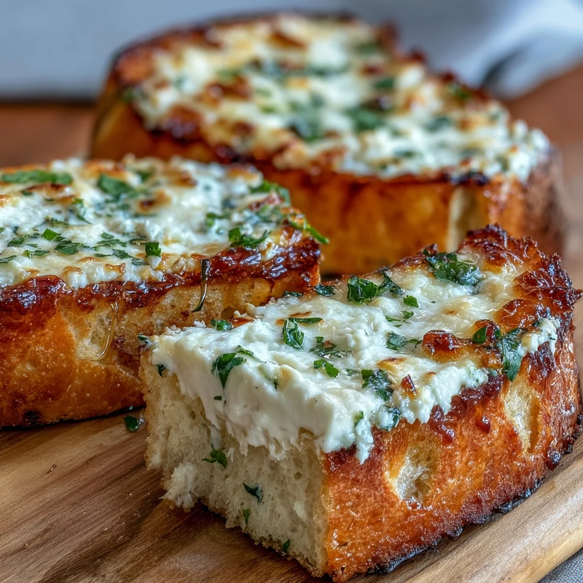 Freshly baked baguette loaded with savory garlic ricotta and a bold drizzle of spicy hot honey, ready to serve.