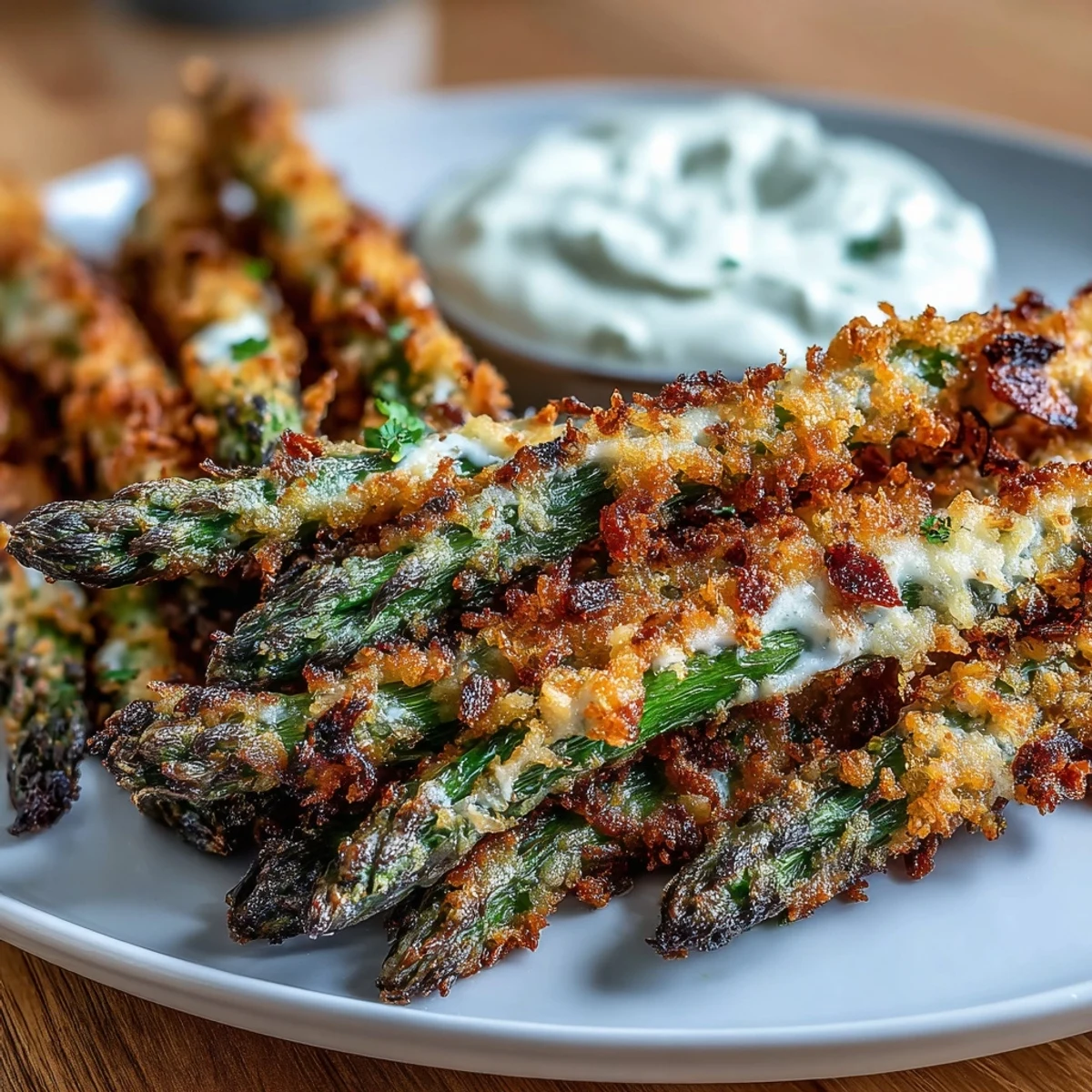 Golden-brown Crispy Chili-Garlic Asparagus Fries emerge from the oven, paired with a spicy sriracha mayo dip.