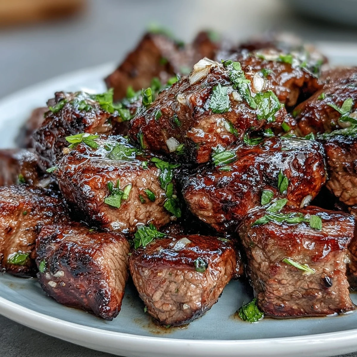 Sizzling Keto Lemon Garlic Butter Steak Bites tossed in herb butter alongside tender-crisp Brussels sprouts. 