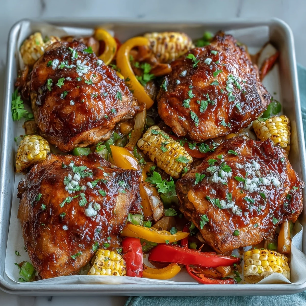A rustic dinner plate featuring succulent Sheet Pan BBQ Chicken, golden corn on the cob, and sweet roasted bell pepper strips for an easy weeknight meal.