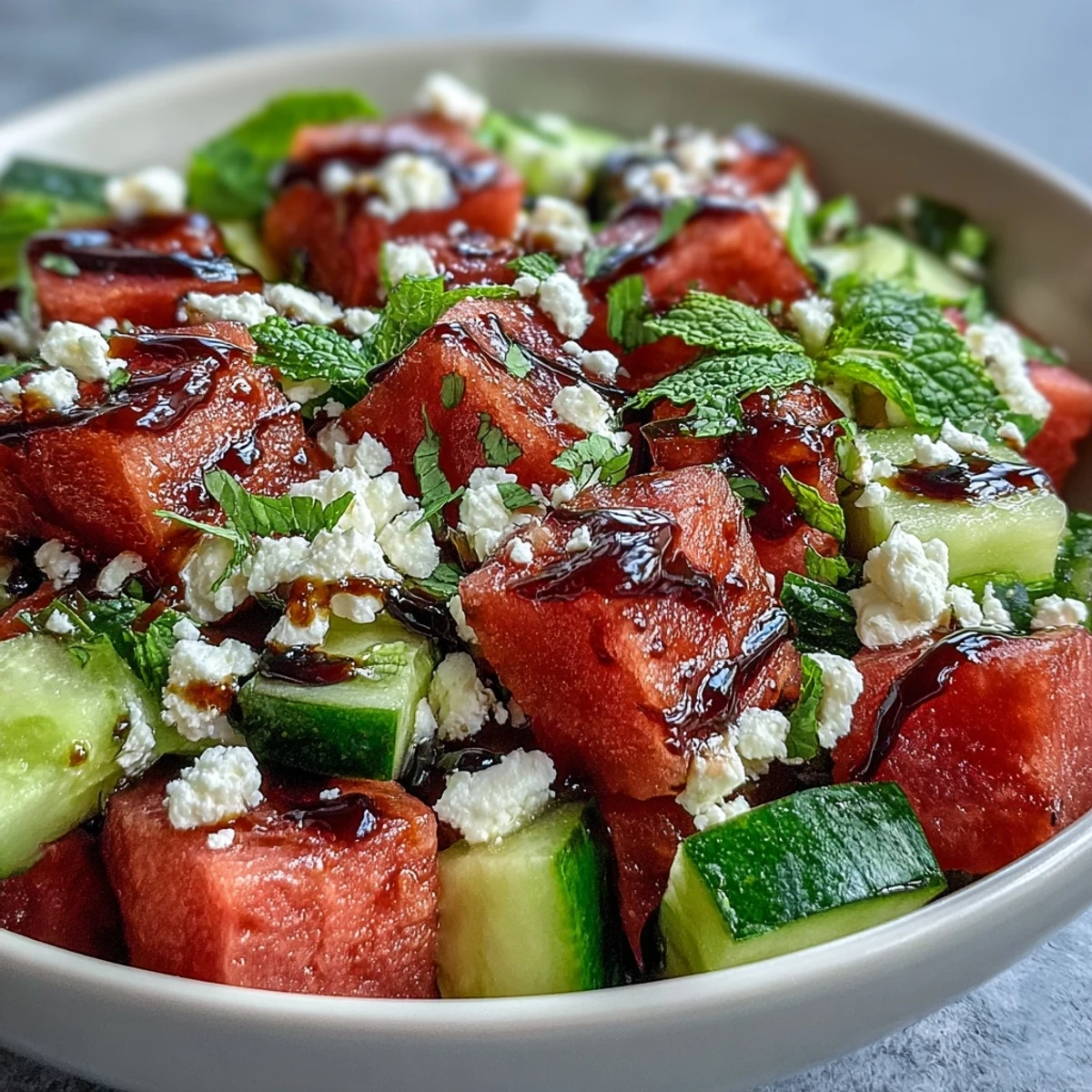 Colorful Mediterranean Watermelon Feta Cucumber Salad with Balsamic Glaze served on a rustic platter for a summer picnic.