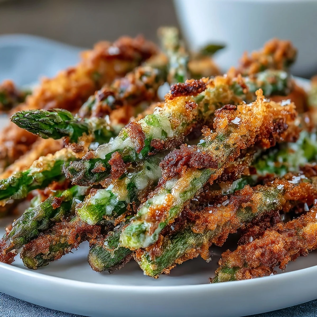 Golden-brown Crispy Chili-Garlic Asparagus Fries arranged on a platter with creamy sriracha mayo dip.