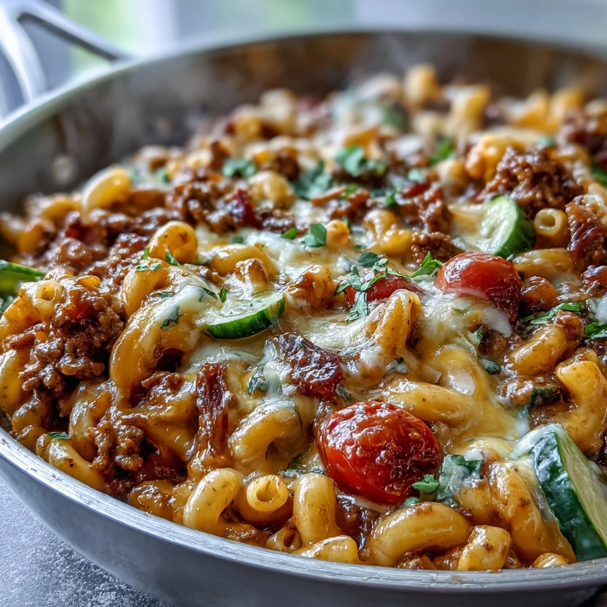 A hearty plate of One-Pan Cheeseburger Chili Mac featuring ground beef, elbow pasta, and a creamy, tangy sauce topped with extra pickles.