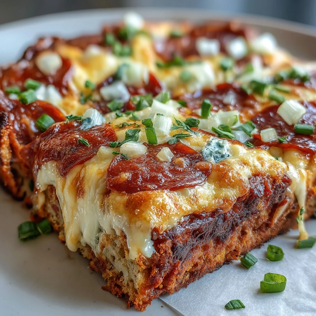 Freshly baked High-Protein Pizza Breakfast Casserole with golden eggs, melted mozzarella, and savory turkey pepperoni on a bubbly crust.