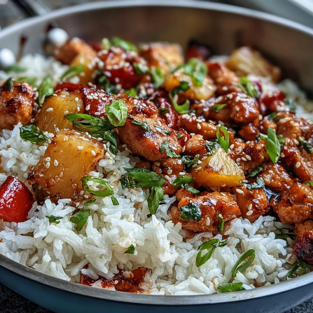 Close-up of the Sweet-and-Sour Turkey Rice Skillet showing tender ground turkey, bell peppers, and pineapple chunks in a glossy sauce.