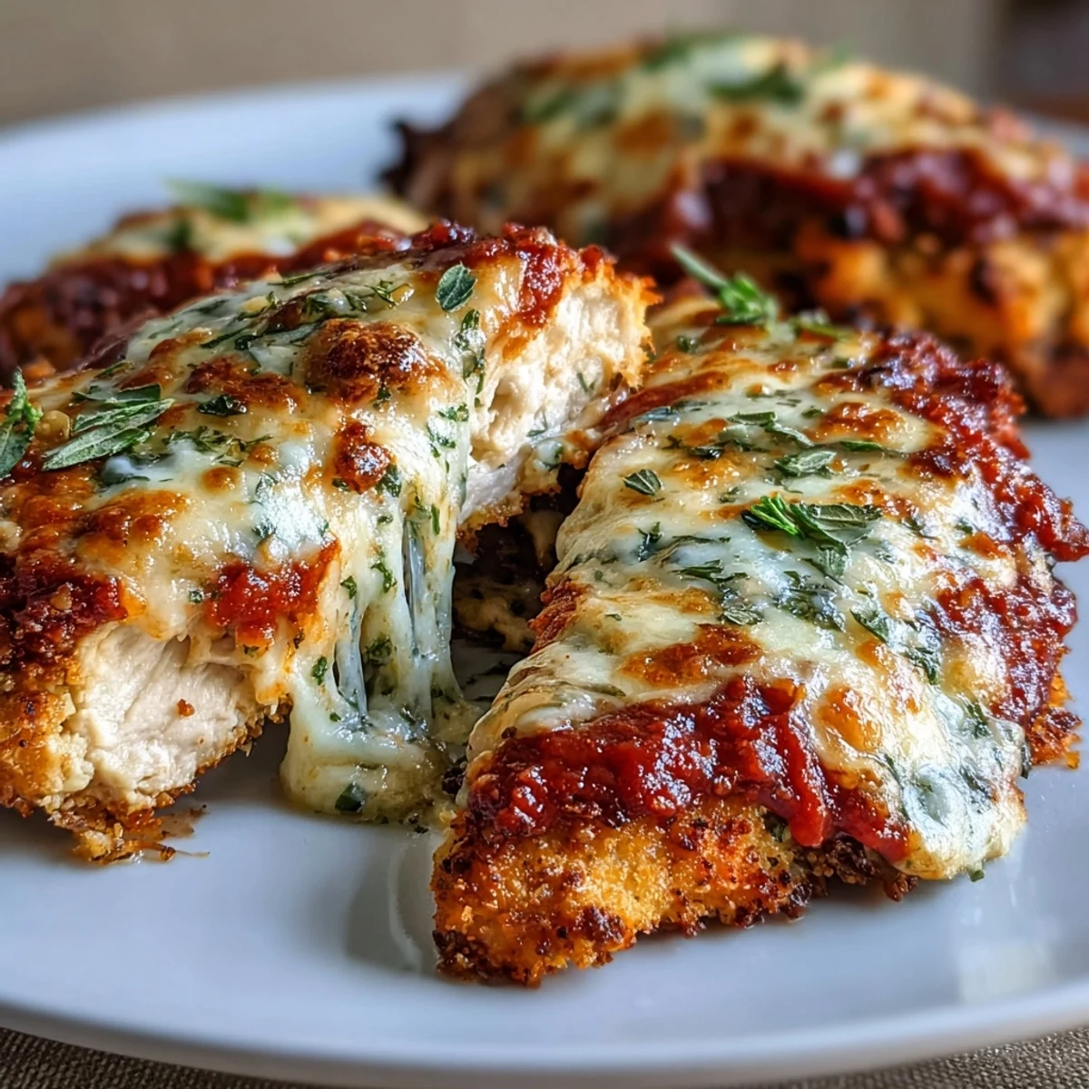 Keto-friendly chicken Parmesan baked until crispy, with rich marinara sauce and gooey mozzarella, perfect for low-carb Italian dinners.