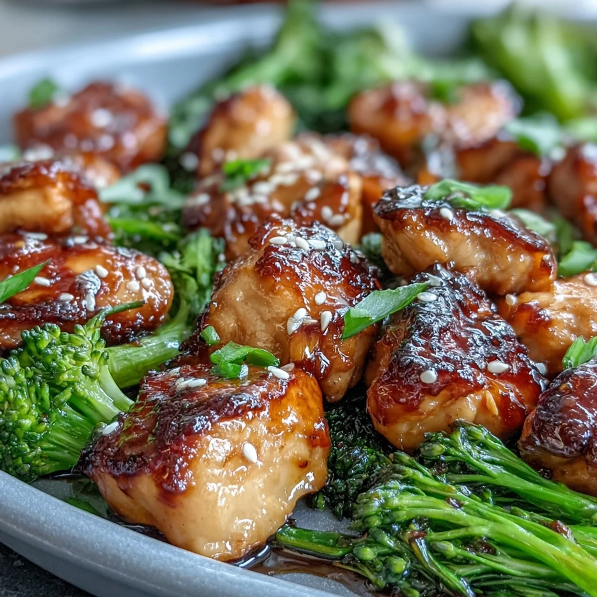 Close-up of freshly roasted Sheet Pan Teriyaki Chicken and Broccoli, showcasing the glossy homemade glaze and sesame seed garnish.