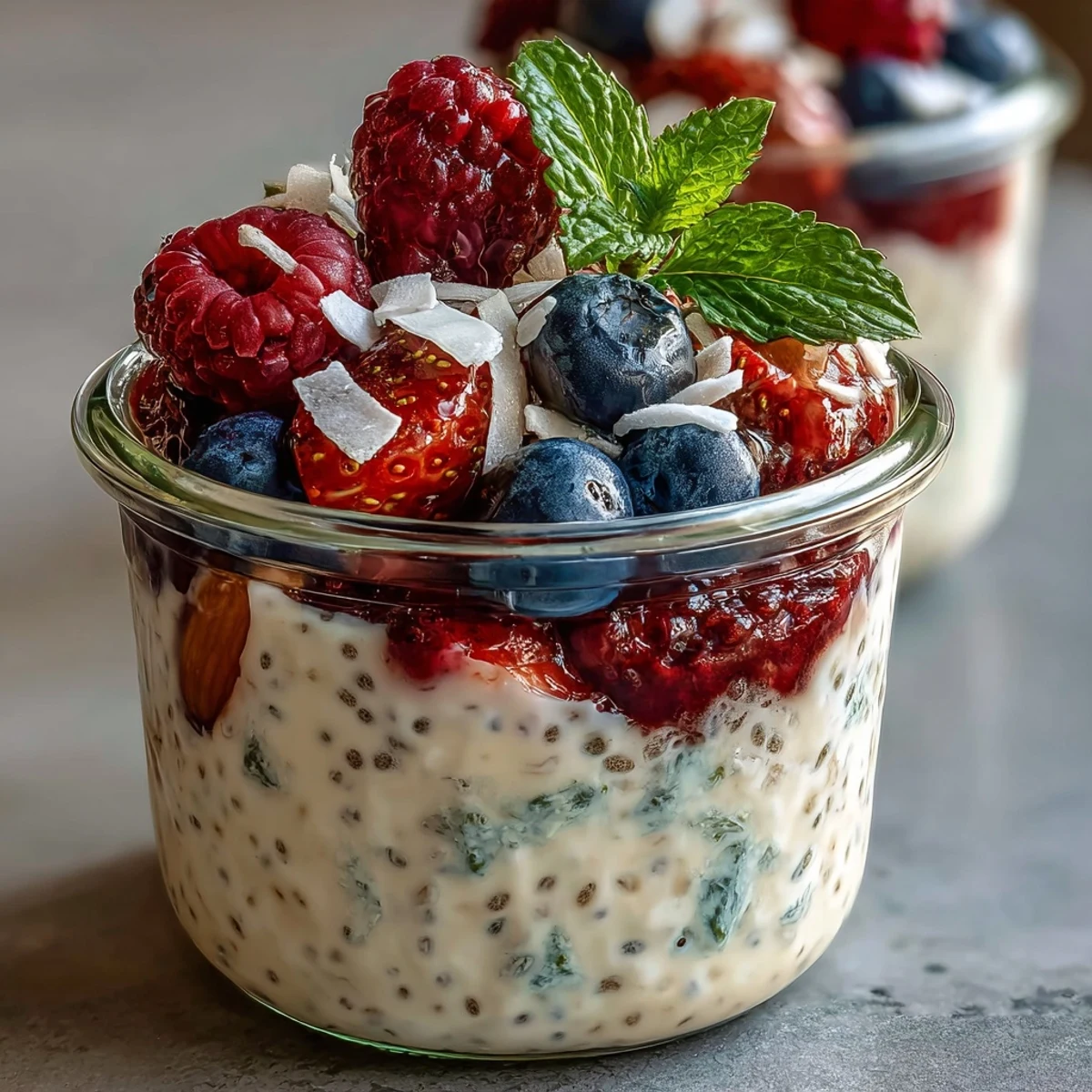 Vibrant summer berry chia pudding cups with coconut topping, perfect for healthy breakfasts.  