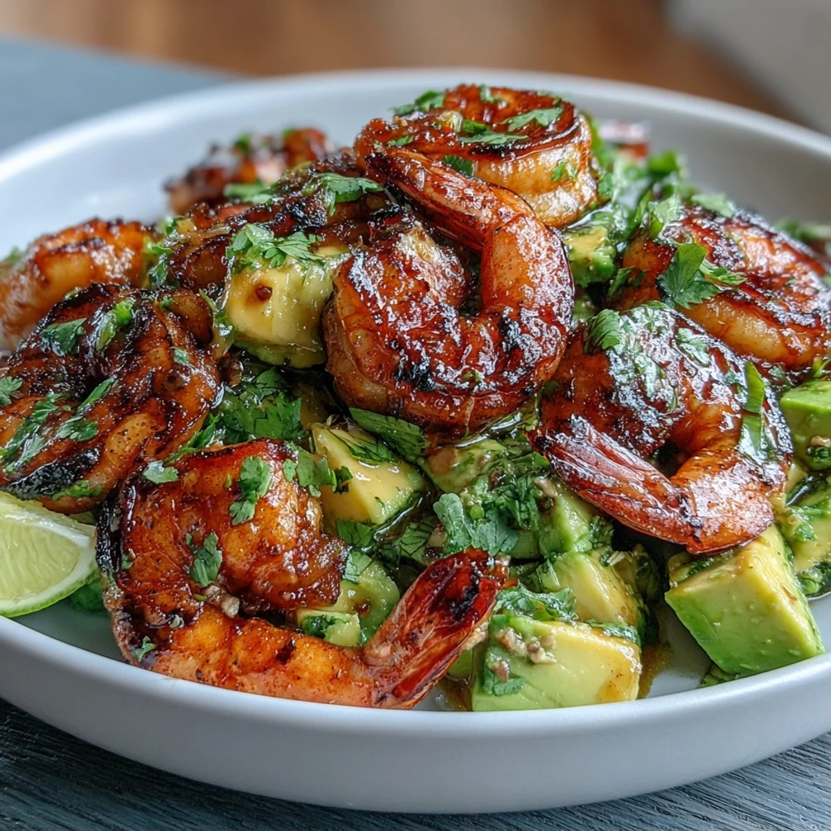 Grilled shrimp and mango avocado salad with chili-lime vinaigrette, vibrant and refreshing, served in a large bowl.  
