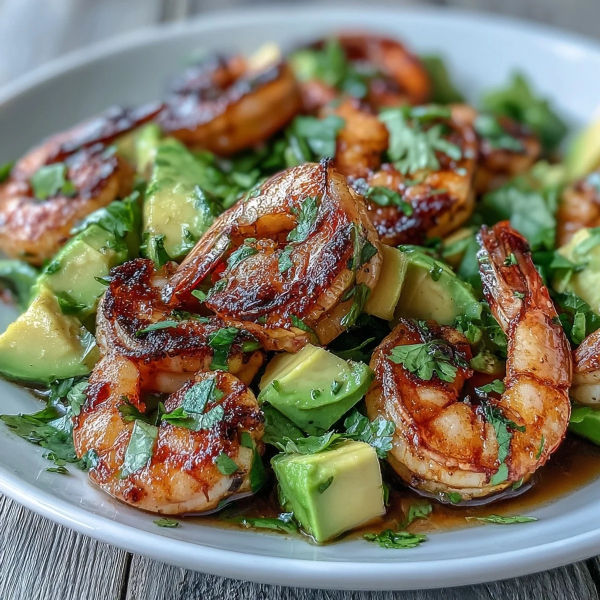 Colorful grilled shrimp salad with fresh mango, avocado, and mixed greens, topped with tangy chili-lime vinaigrette.
