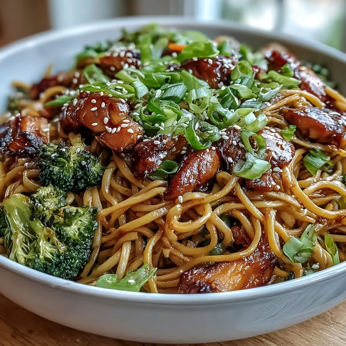 Sticky garlic chicken noodles stir-fry with tender chicken, crisp veggies, and a glossy honey-soy garlic sauce.  