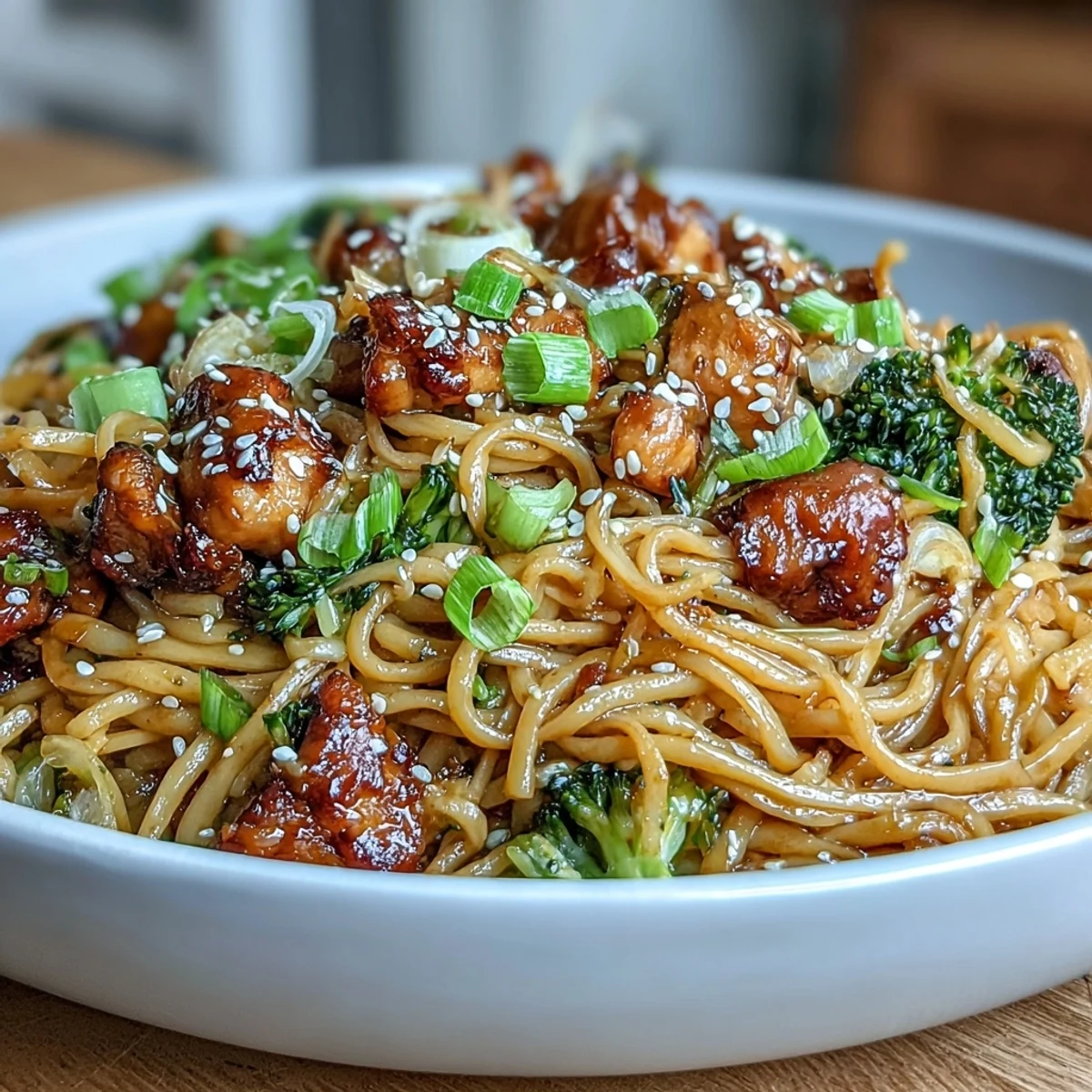 Golden-brown chicken and vibrant vegetables tossed with egg noodles in a rich, sticky garlic-honey soy glaze.  