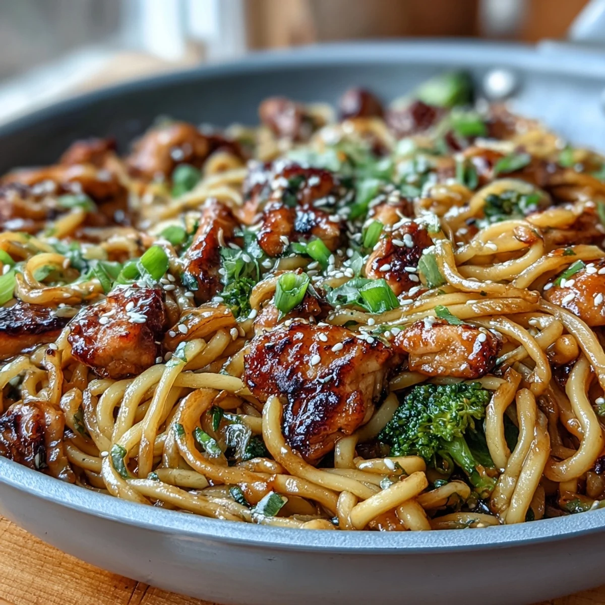 Aromatic garlic and sesame-scented chicken noodles with broccoli, bell peppers, and a sweet-savory sticky sauce.