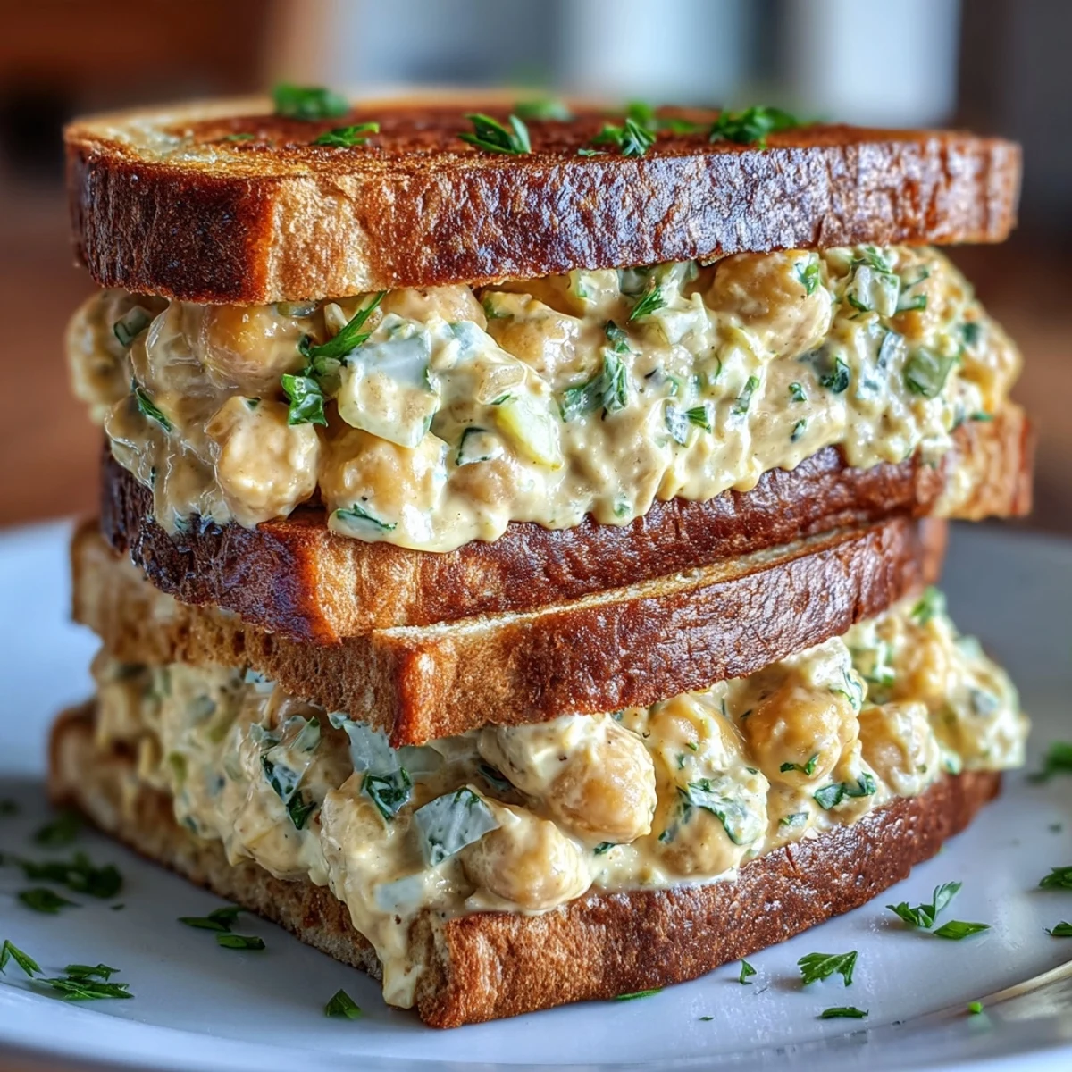 Creamy vegan chickpea salad sandwich with fresh herbs and tangy Dijon dressing, perfect for a quick and healthy lunch.  