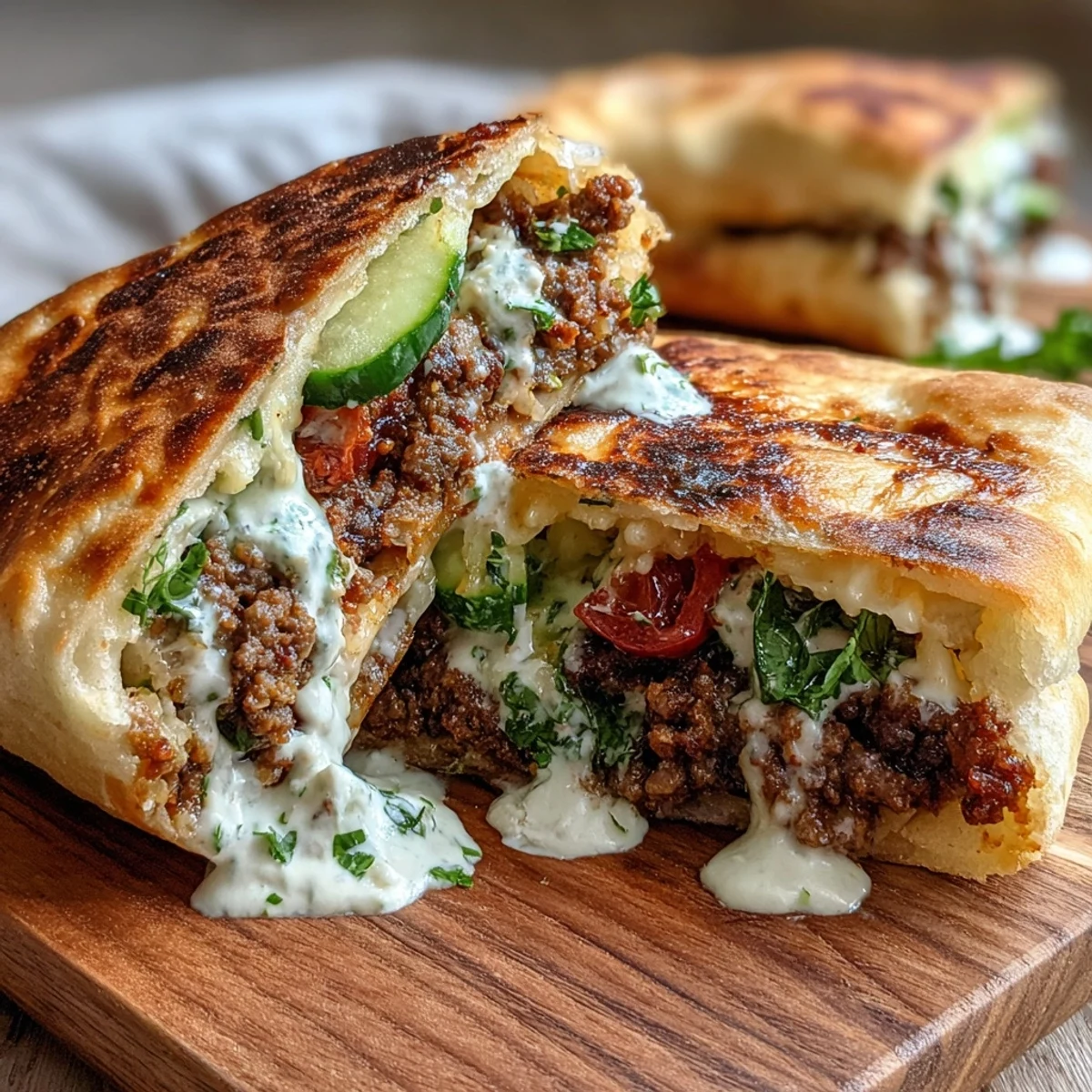Warm whole wheat pita pockets generously stuffed with savory Mediterranean-seasoned ground beef, crisp cucumber, juicy tomatoes, and crumbled feta for a fresh, flavorful dinner.