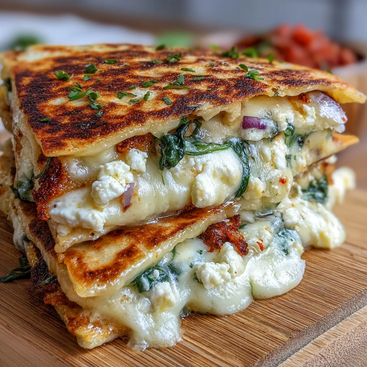 Mediterranean quesadilla filled with creamy spinach, tangy feta, and melty mozzarella, crisped to golden perfection.  